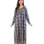 Women Printed Long Maxi Jalabiya Dress with Embroidered Neck