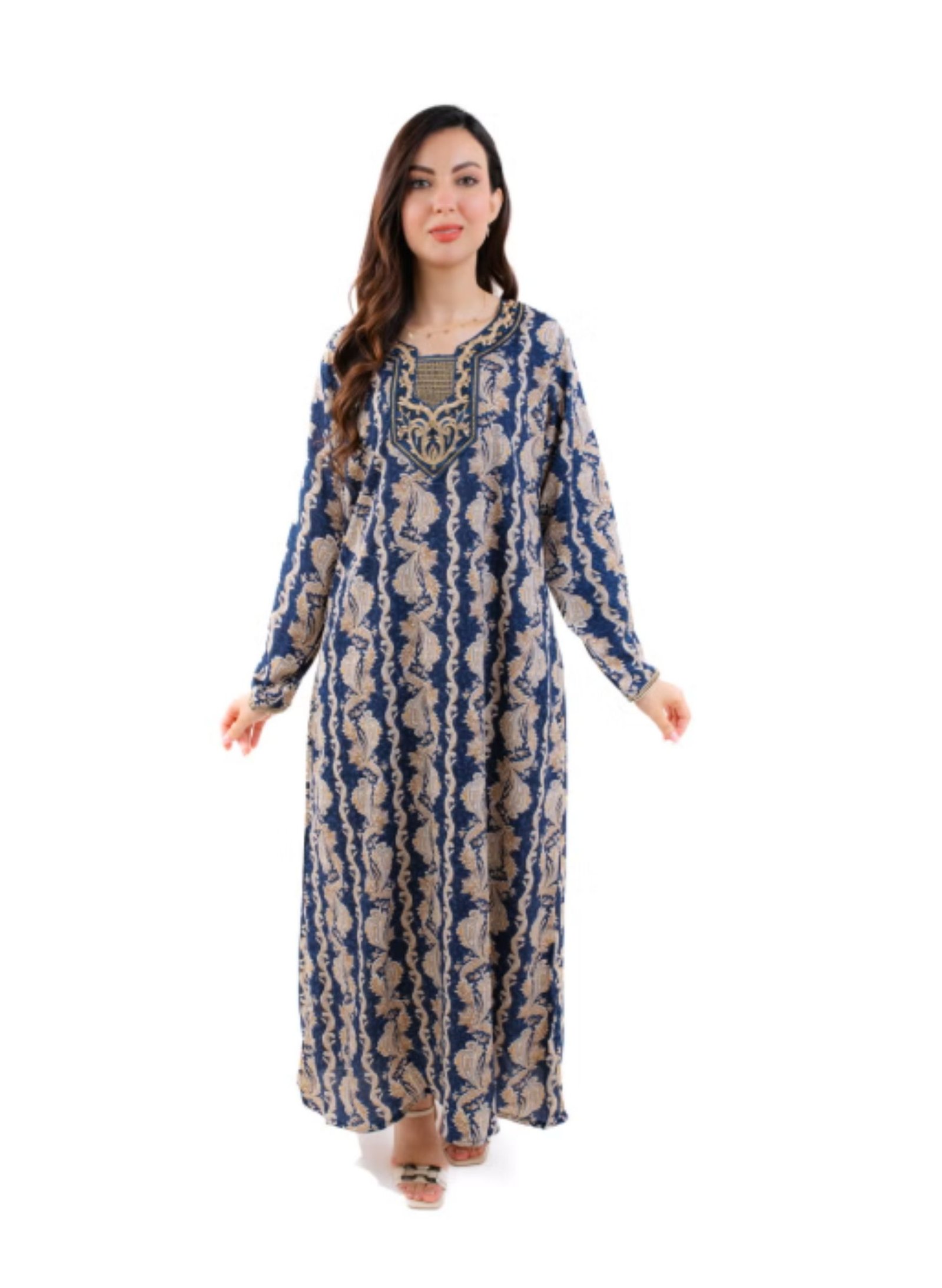 10 Women Printed Long Maxi Jalabiya Dress with Embroidered Neck - Image 1