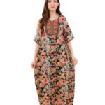 Women Floral Print Maxi Jalabiya Dress with V Neck and Short Sleeves