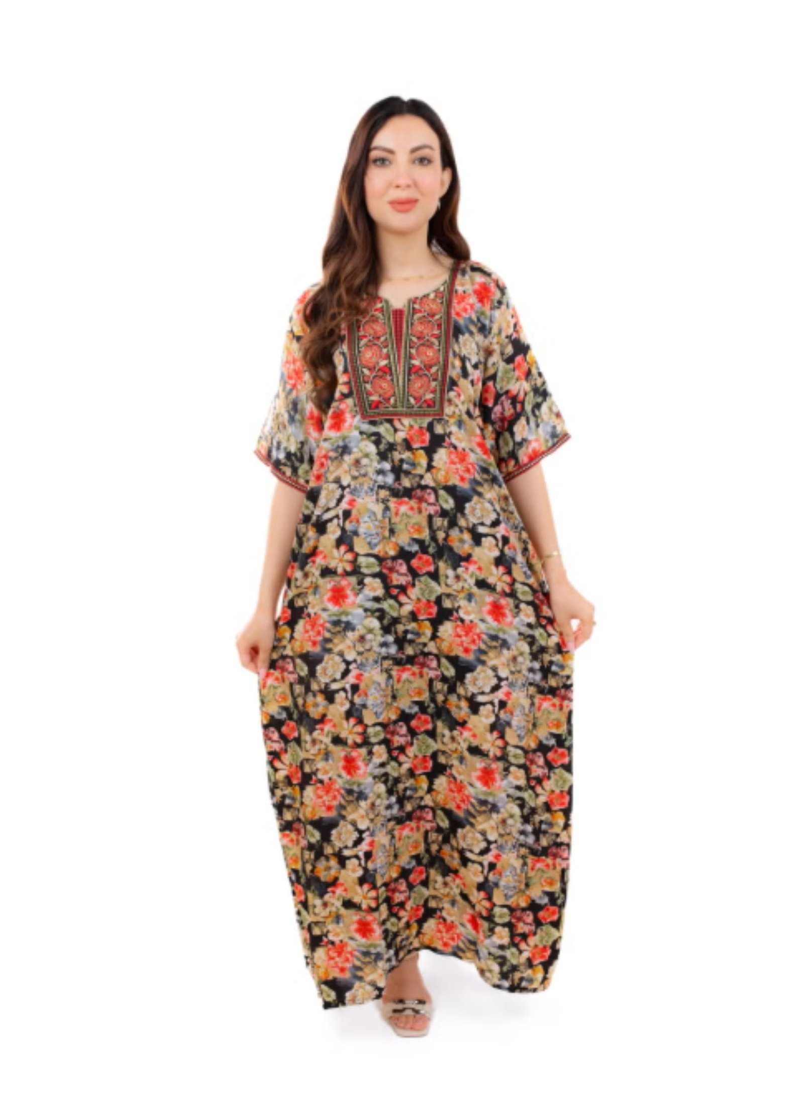 13 Women Floral Print Maxi Jalabiya Dress with V Neck and Short Sleeves - Image 1