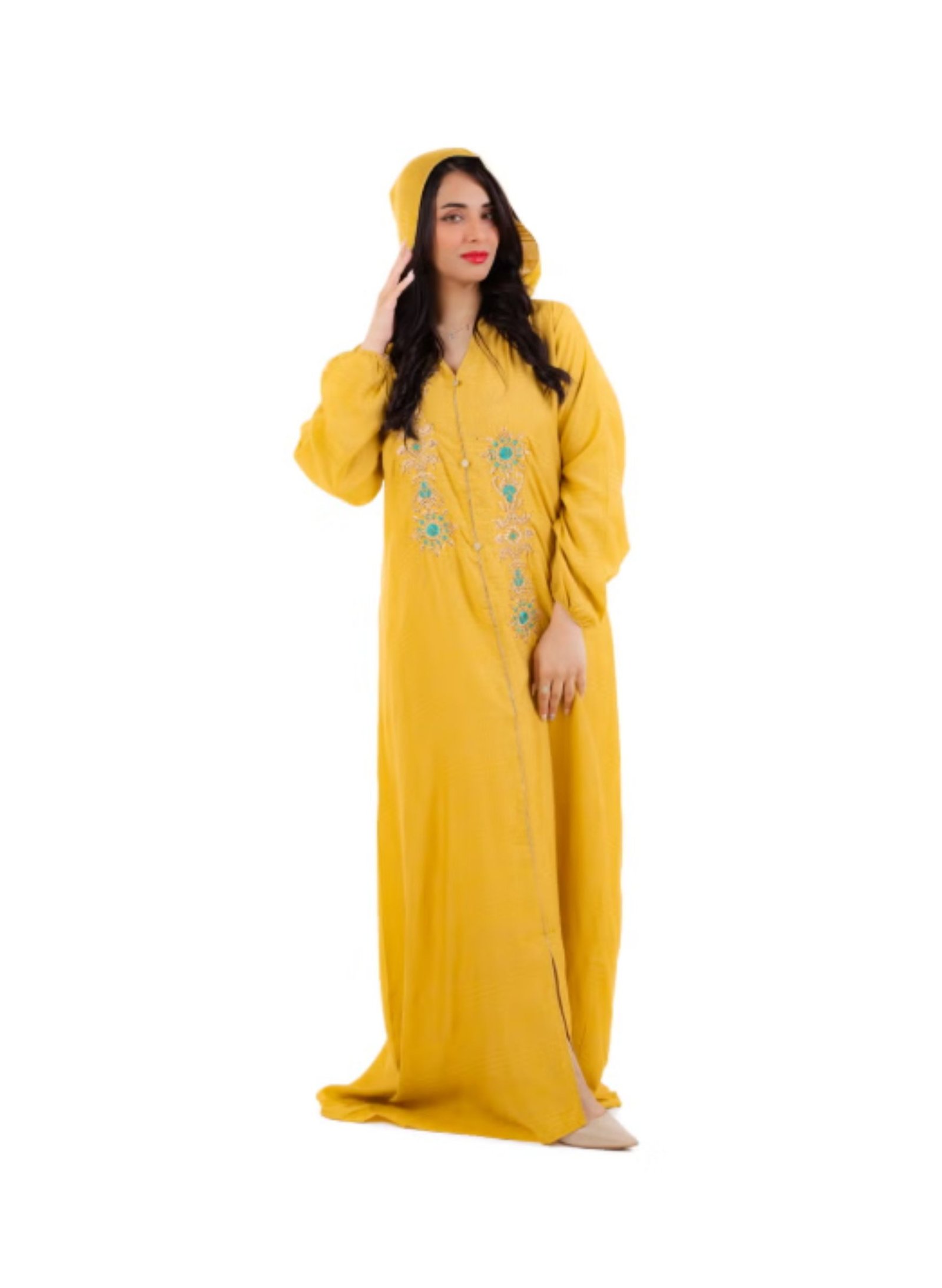 16 Women Embroidered Hooded Maxi Jalabiya Dress with Front Slit - Image 1