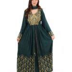 Women Embroidered Front Open Maxi Jalabiya Dress with Long Sleeves