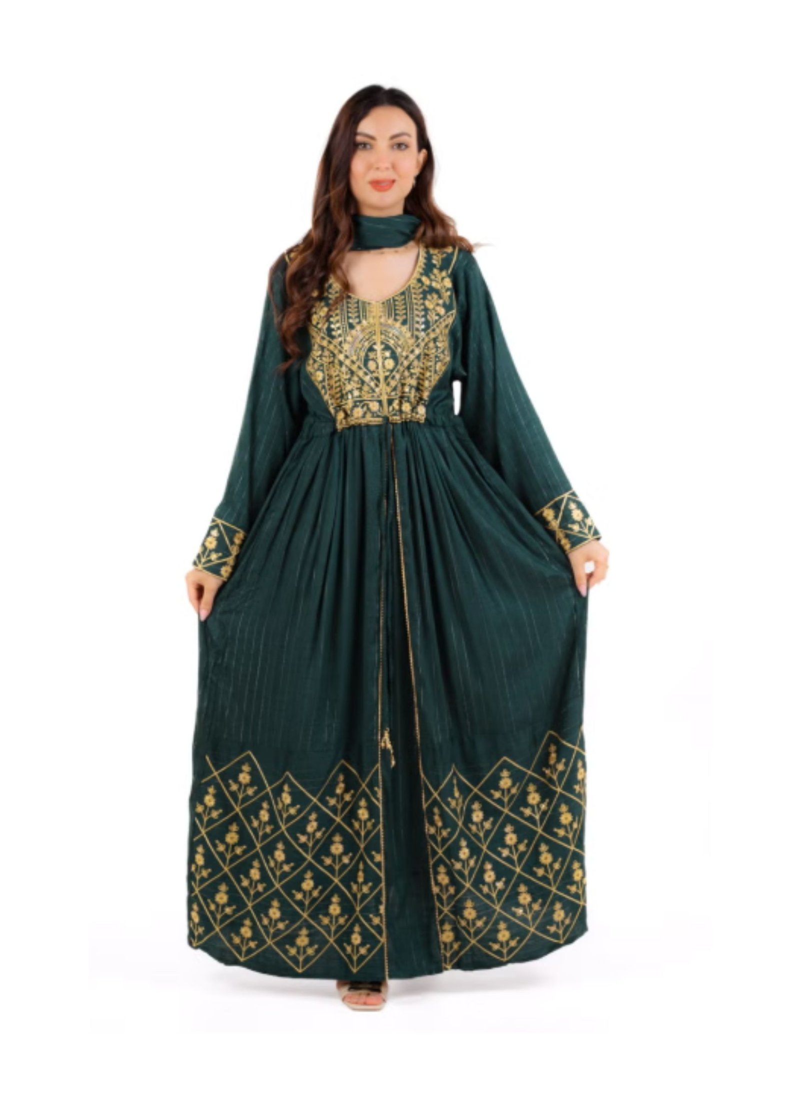 19 Women Embroidered Front Open Maxi Jalabiya Dress with Long Sleeves - Image 1