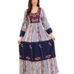 Women Printed Maxi Jalabiya Dress with Embroidered Yoke and Long Sleeves