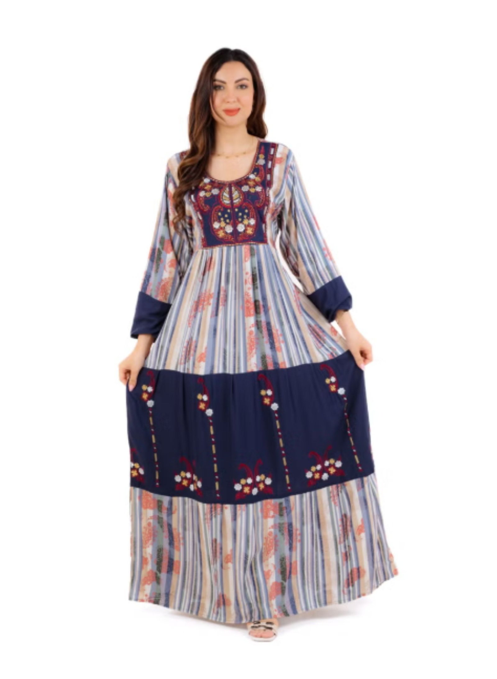 22 Women Printed Maxi Jalabiya Dress with Embroidered Yoke and Long Sleeves - Image 1