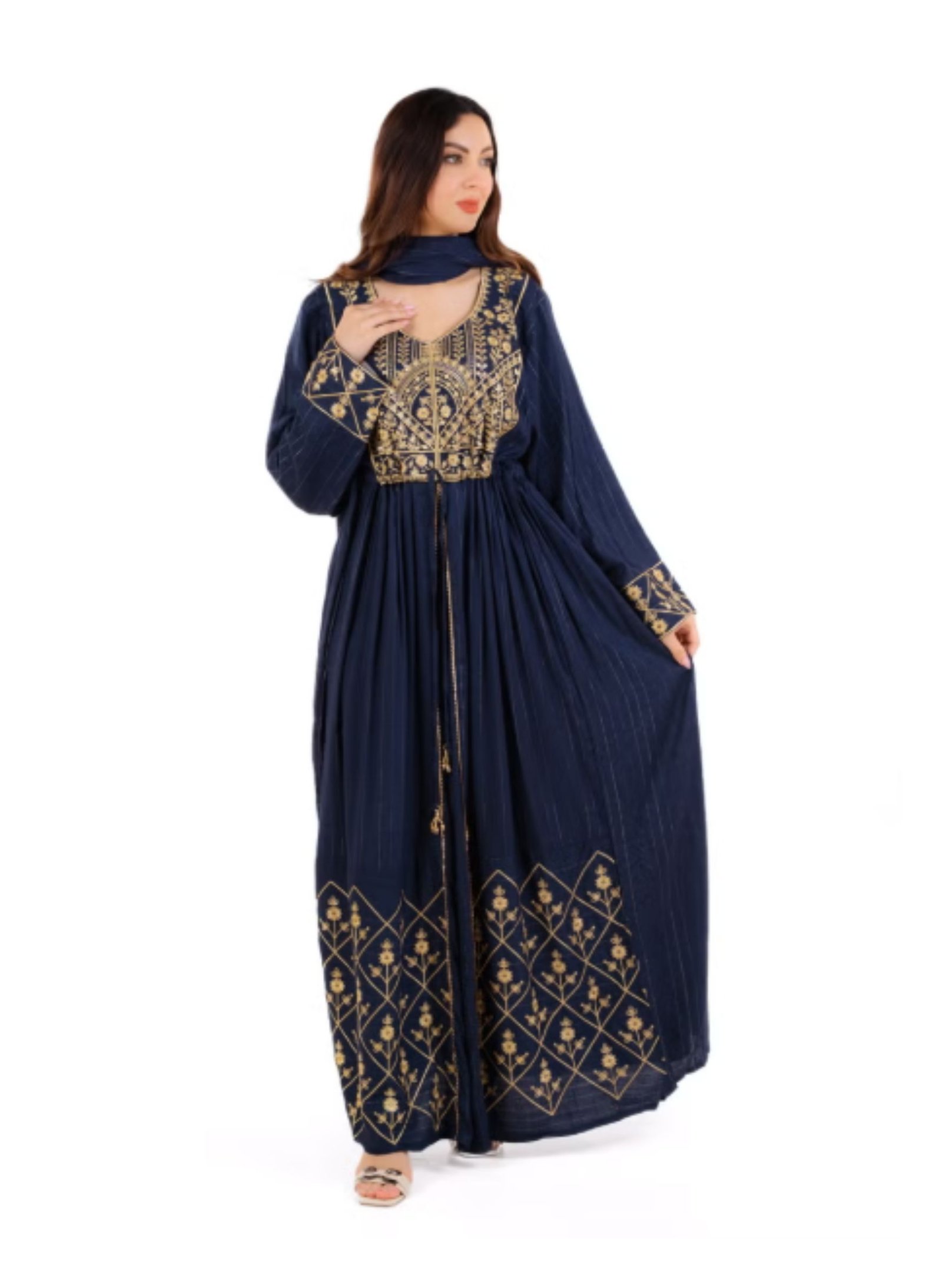 3 Women Embroidered Front Open Maxi Jalabiya Dress with Long Sleeves - Image 1