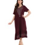 Women Solid Maxi Jalabiya Dress with Embellished Neck and Short Sleeves
