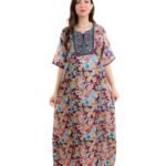 Women Floral Print Maxi Jalabiya Dress with Embroidered Square Neck