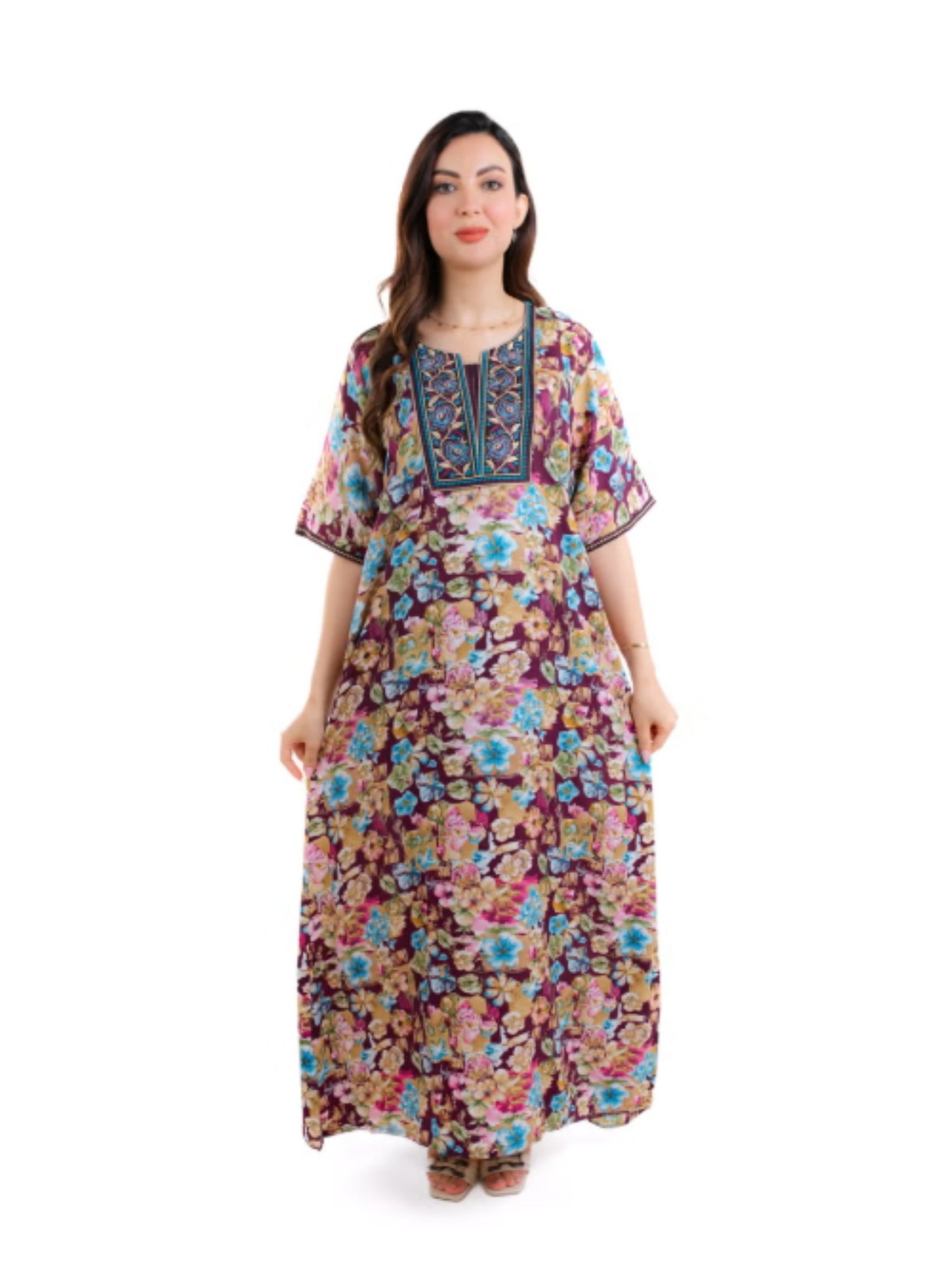 7 Women Floral Print Maxi Jalabiya Dress with Embroidered Square Neck - Image 1